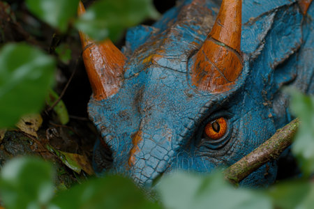 Close up of a blue dinosaur with orange horns in the jungle.の素材