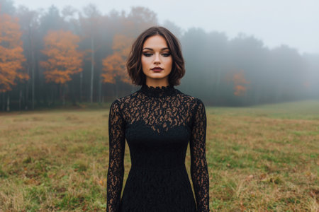Woman in black lace dress standing in a field.の素材