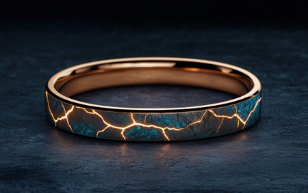Gold ring with glowing cracks on a dark background.の素材