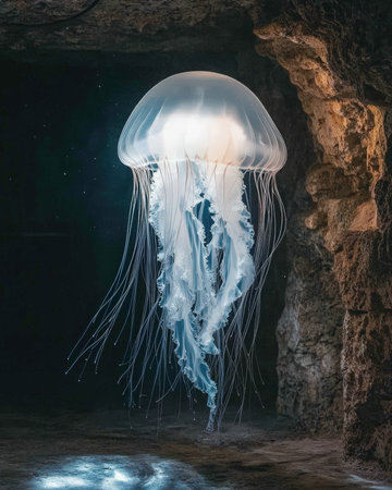 A glowing jellyfish swims in a cave.の素材