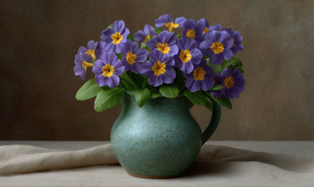 Purple and yellow flowers in a green vase.の素材