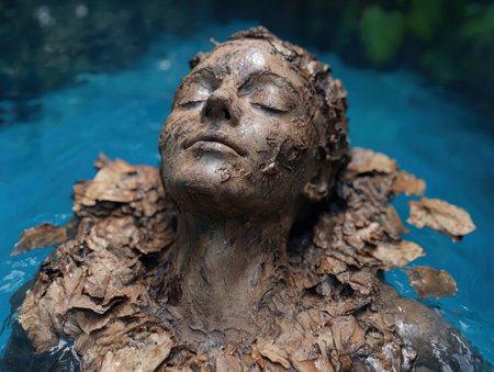 Statue of a woman covered in leaves floating in water.の素材
