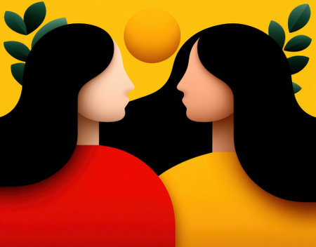Two women face each other in a stylized illustration.の素材