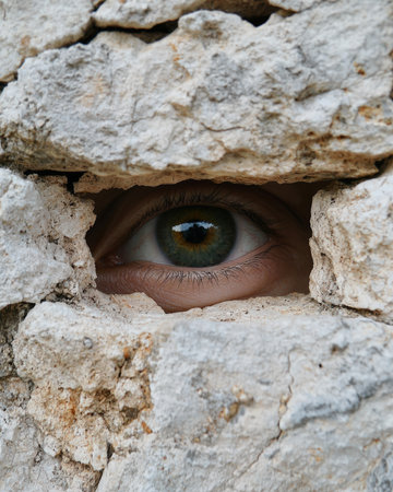 An eye peers through a gap in a stone wall.の素材