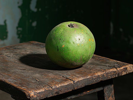 A green pomelo fruit sits on a rustic wooden stool.の素材