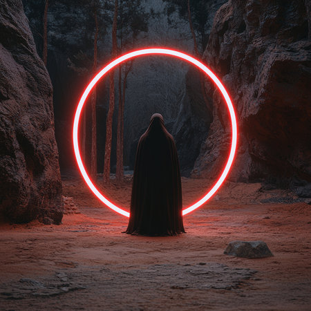 Mysterious figure in a cloak standing in front of a glowing portal in a dark forest.の素材