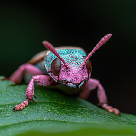 Close-up of a colorful beetle on a leaf.の素材