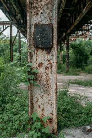 Rusty metal beam overgrown with plants in an abandoned industrial area.の素材