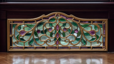 Antique stained glass panel with floral design.の素材