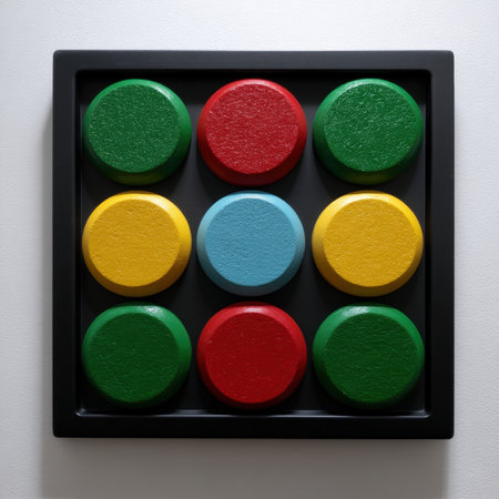Colorful wooden discs in a black frame.の素材