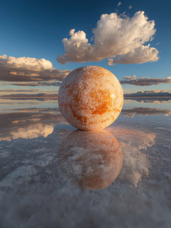 Sphere reflecting in the water on a salt flat under a cloudy sky.の素材