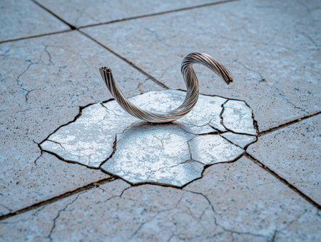 A twisted metal wire sits on a cracked tile surface.の素材