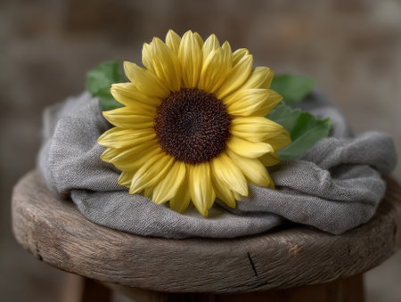 A bright sunflower on a rustic wooden stool with a gray cloth.の素材