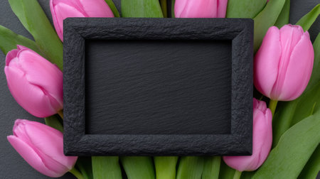 Pink tulips with a blank black frame.の素材