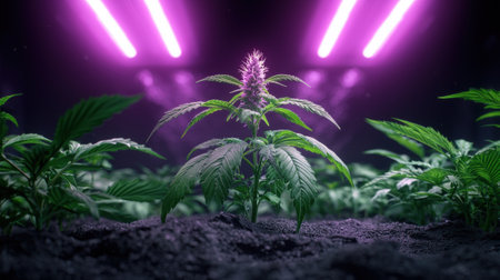 Cannabis plant growing indoors under artificial lights.の素材
