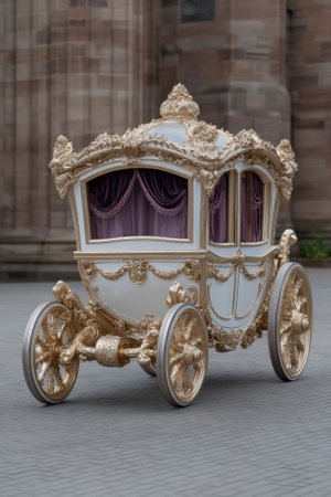 Ornate white and gold carriage with purple curtains.の素材