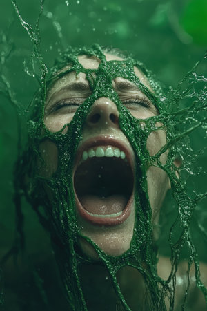 Woman screaming with green slime covering her face.の素材
