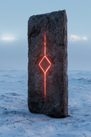 Monolith with glowing rune in a snowy landscape.の素材