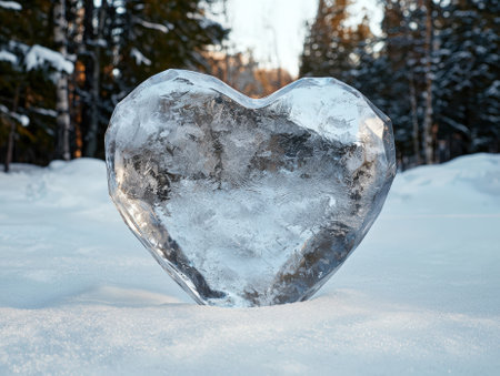 A heart made of ice sits in the snow.の素材