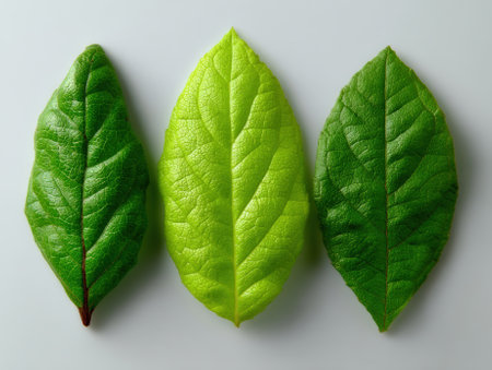 Three green leaves on a white background.の素材
