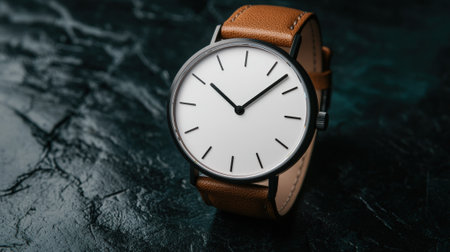 Elegant wristwatch with a minimalist design and brown leather strap.の素材