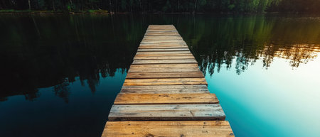 Wooden pier stretches across a tranquil lake at sunset.の素材