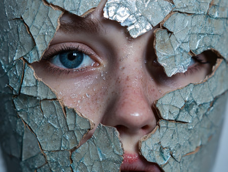 Cracked facade revealing a woman's face with blue eyes.の素材