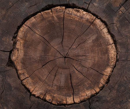 Detailed cross-section of a dark tree trunk.の素材