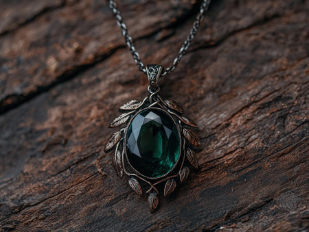 Elegant pendant necklace with emerald gemstone on rustic wood.の素材