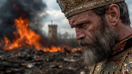 Stern king surveys his burning kingdom with sorrow.の素材