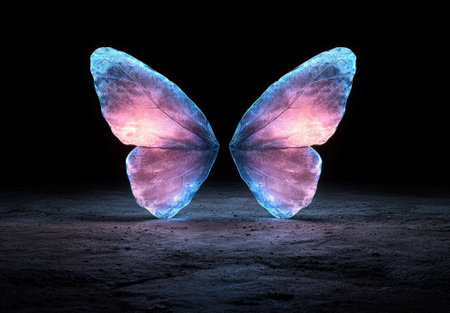Glowing butterfly wings on dark, textured ground.の素材