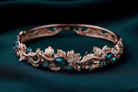 Elegant gold bracelet with emerald gemstones on silk fabric.の素材