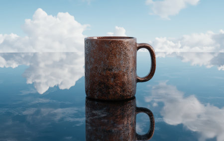 Rustic mug on a reflective surface with cloudy sky.の素材