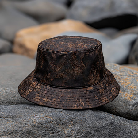 Dark brown bucket hat sits on textured rocks.の素材