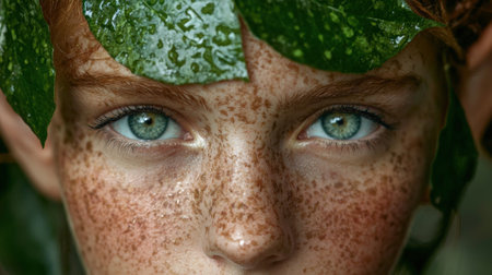 Intense portrait of a freckled woman with mesmerizing blue eyes.の素材
