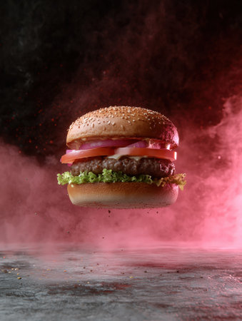 Delicious burger suspended in air with vibrant red background.の素材