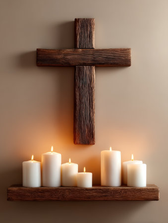 Rustic wooden cross with candles on a wooden shelf.の素材