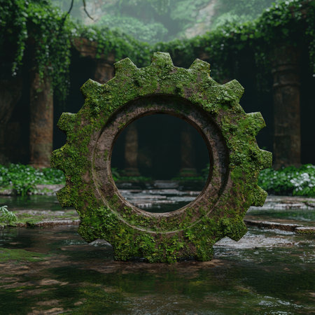 Moss-covered gear in a lush, overgrown ancient ruin.の素材