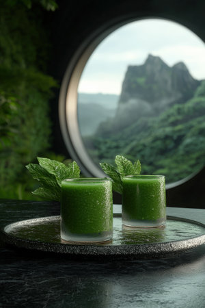 Refreshing green smoothie drinks with mountain vista backdrop.の素材