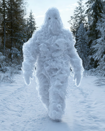 Ethereal snow creature walks through a winter forest.の素材