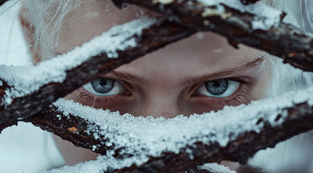 Intense blue eyes peer through snowy branches, winter portrait.の素材