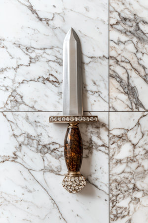 Ornate dagger with jeweled handle resting on marble.の素材