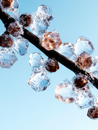 Frozen gems cling to a branch against a blue sky.の素材