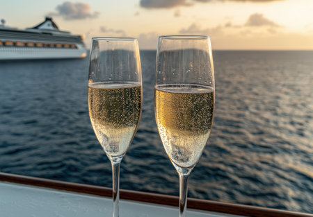 Champagne flutes toast on cruise ship at sunset.の素材