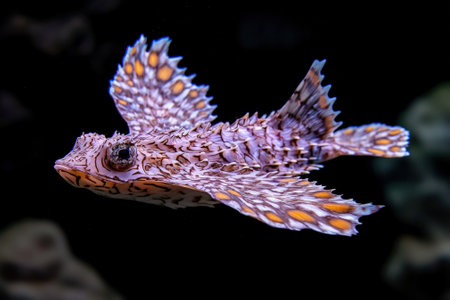 Exotic scorpionfish swimming in dark ocean waters.の素材