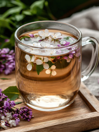 Floral tea with delicate blossoms in a glass mug.の素材