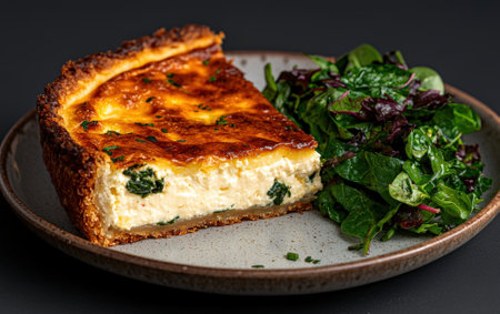 Savory spinach quiche slice with a fresh green salad.の素材