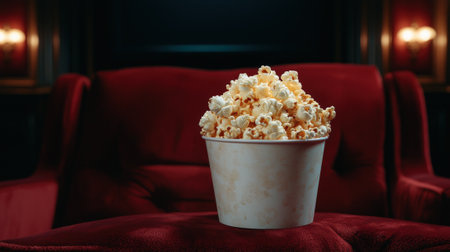 Buttery popcorn bucket on plush red theater seat.の素材