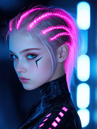 Cyberpunk girl with glowing pink hair and futuristic makeup.の素材