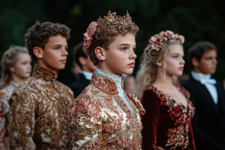 Elegant young royals in ornate formal wear stand regally.の素材